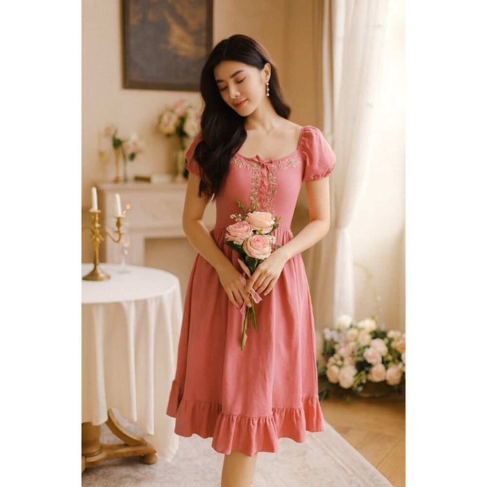 Blueberi Boulevard Embroidered Prarie Dress Womens Sz XL Pink Milk Maid NEW